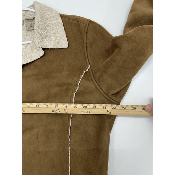 L.L. Bean Womens Jacket Size XL Petite Faux Suede Brown Button Up Sherpa Lined - Picture 12 of 15